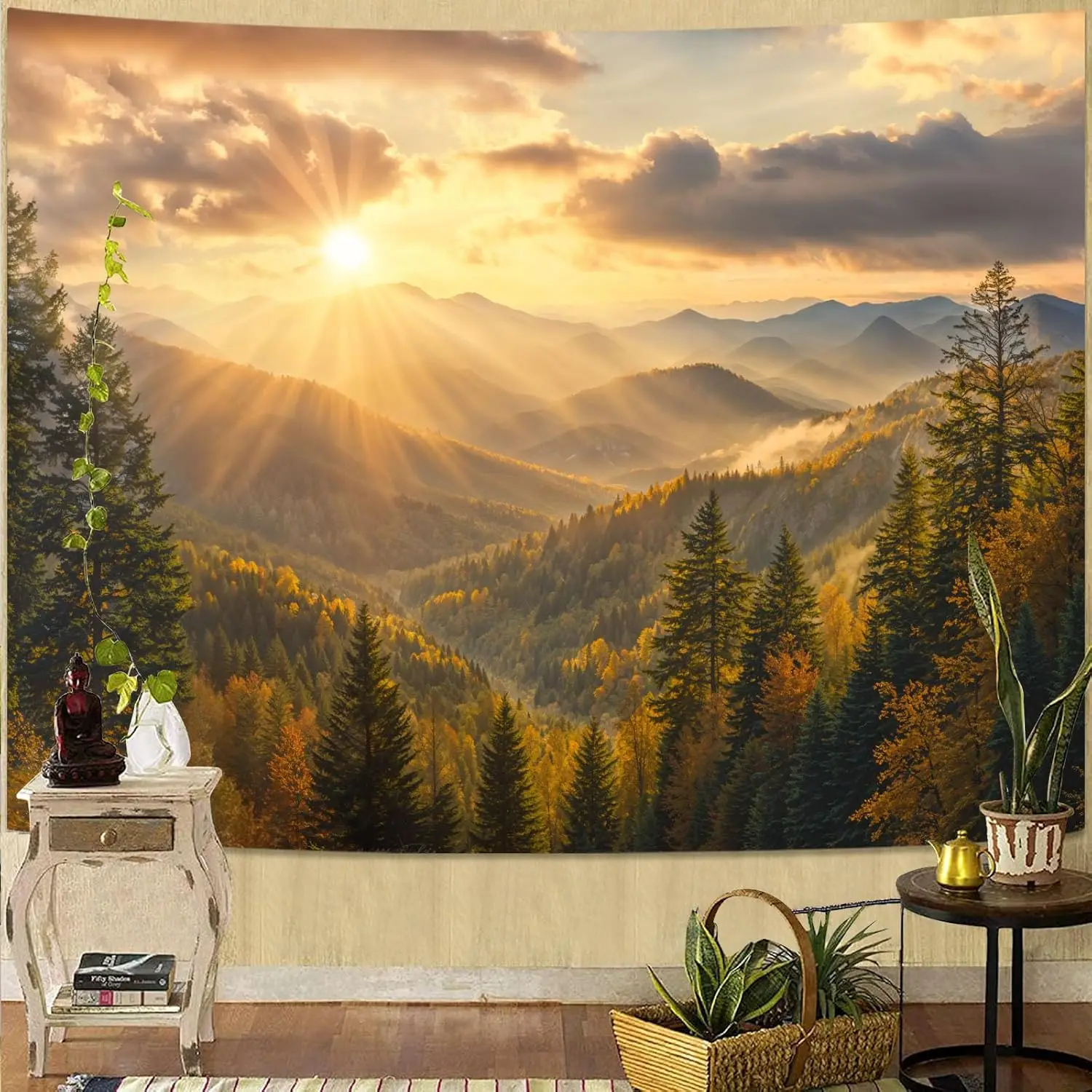 Polyester Wall Tapestry Mountain View Sunset Sunrise Nature Landscape Home Decor Bohemian Boho Hanging Artwork Print