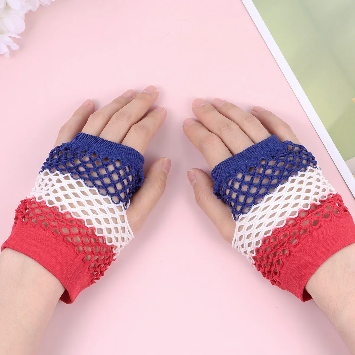 

US Flag Fishnet Gloves Durable Elastic Half Finger Women Party Dance Accessories Red White Blue Short Mesh Fits Most Functional