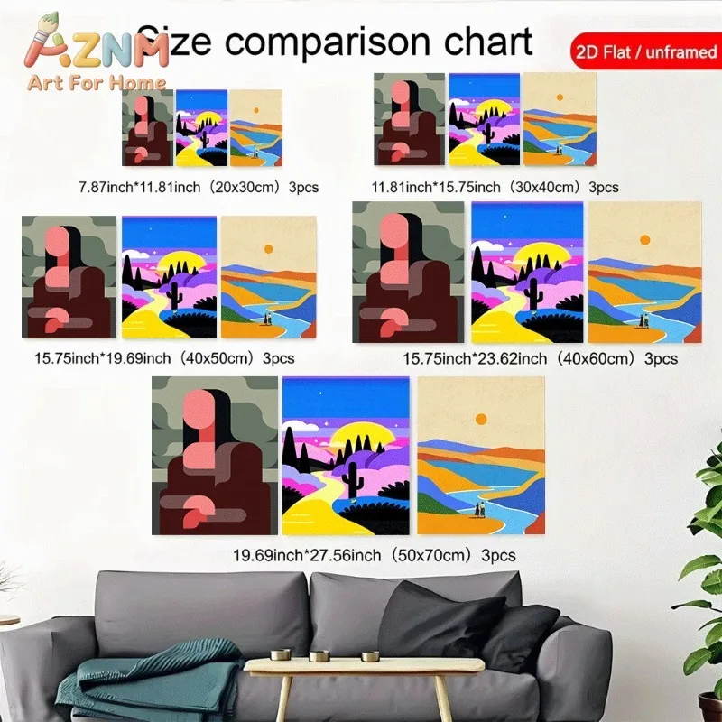 Unframed Canvas Wall Art 3pcs Geometric Abstract Figure Desert Cactus Sunset Mountain River Landscape Poster Print for Home Wall