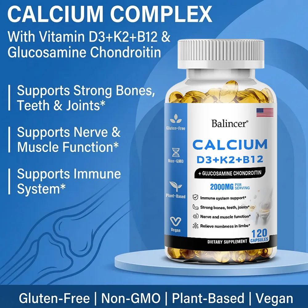 Calcium with Vitamin D3 K2 B12 + Glucosamine Chondroitin 2000mg - Support Bone Teeth Joint Muscle & Immune System, Non-GMO