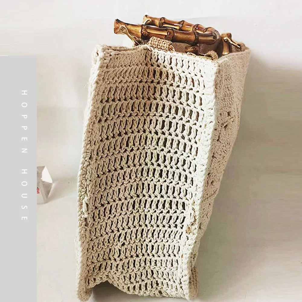 Bohemian Rope Crochet Tote Bamboo Handle Handbags National Style Knitting Shoulder Bag Hollow Travel Beach Bags for Women 2023