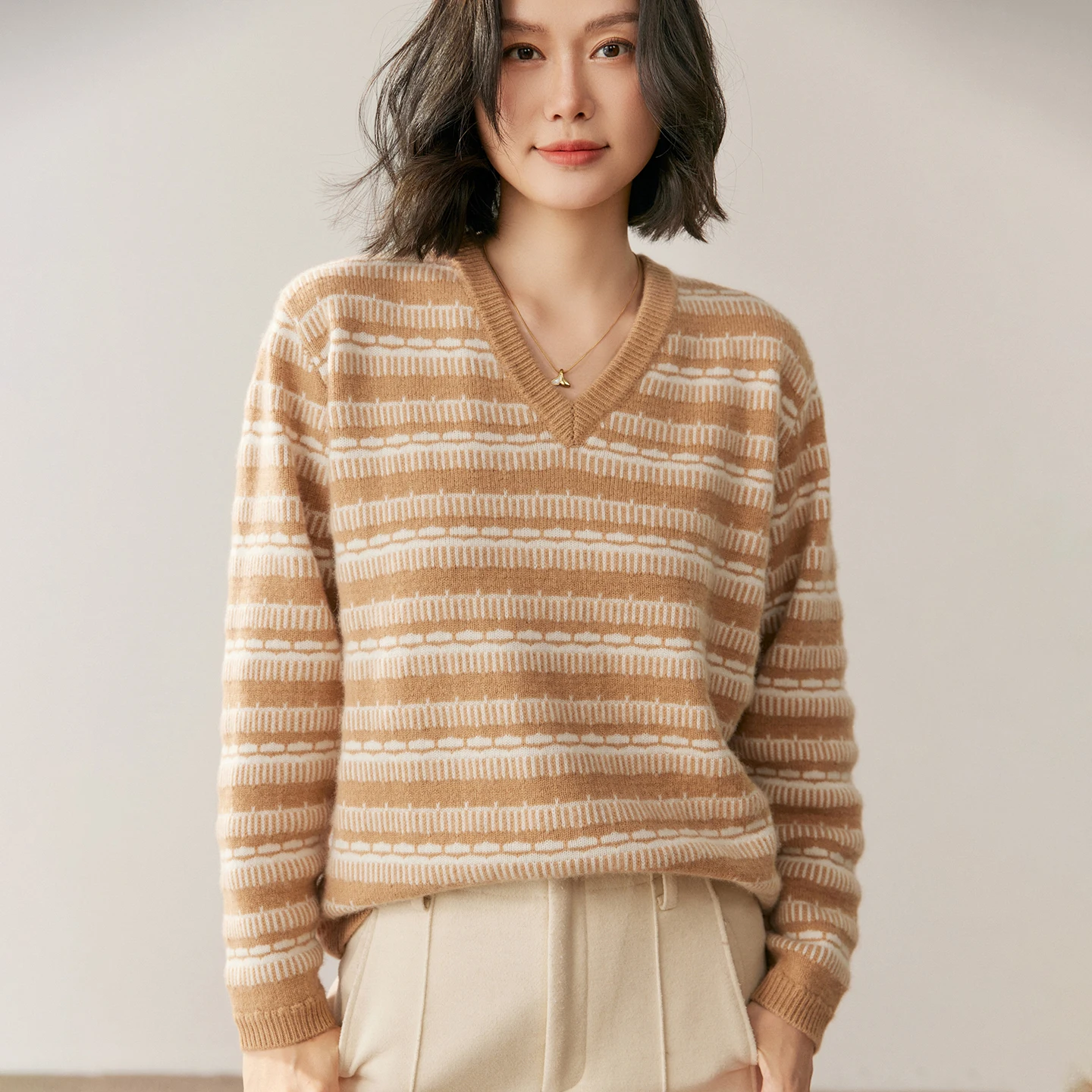 

100% Goat Cashmere Pullover Sweater Autumn Winter Women's V-neck Fair Isle Soft Comfort Thick Warm Knit Clothing Light Luxury