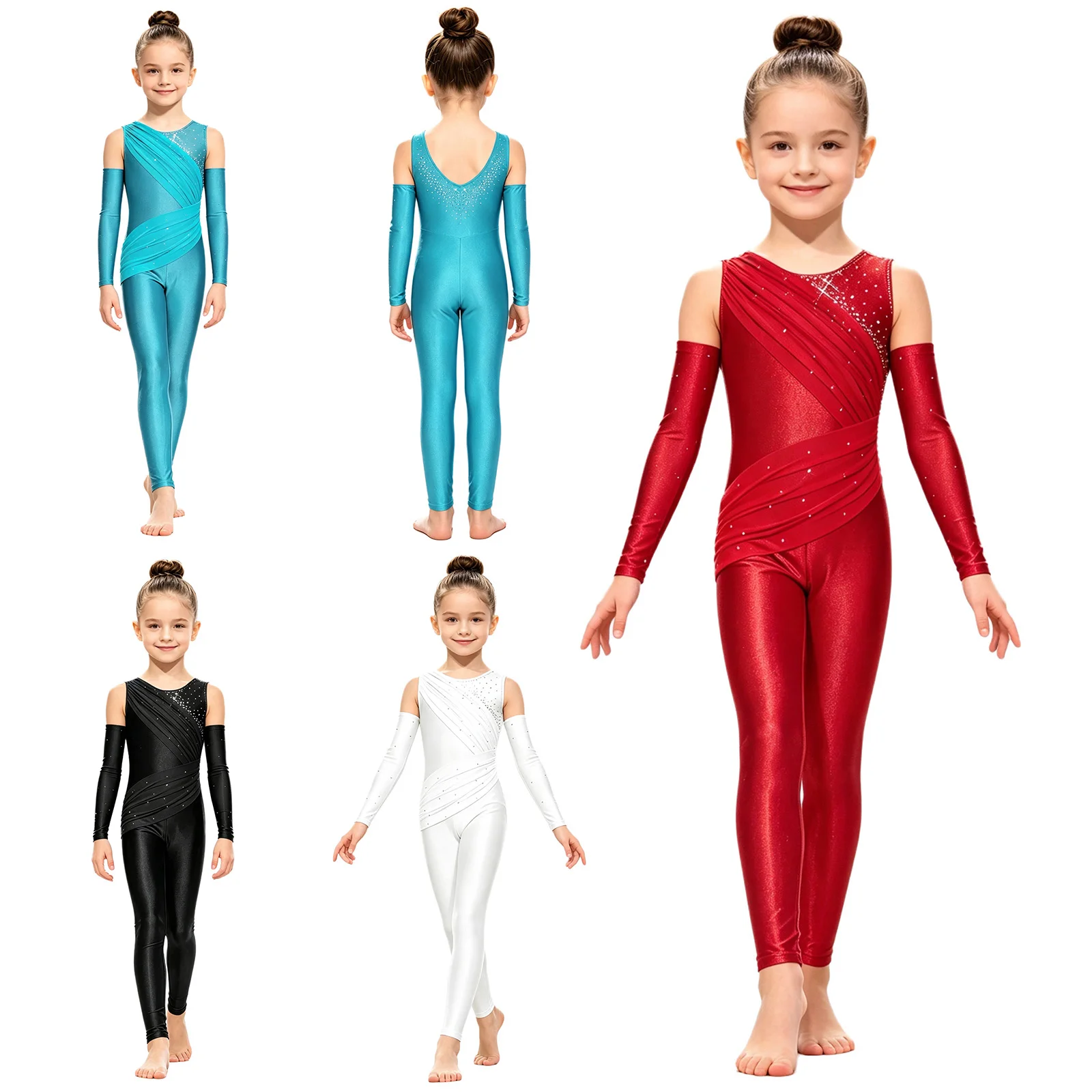 Kids Girls Artistic Gymnastics Leotard Rhinestone Ruched Mesh Ballet Dance Unitards with Sleeves for Acrobatic Figure Skating