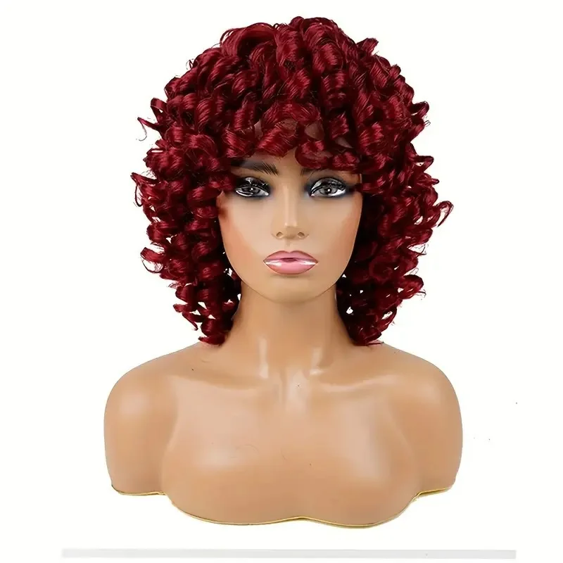 Warm and bright red and black short curly hair design, suitable for various styles of wigs