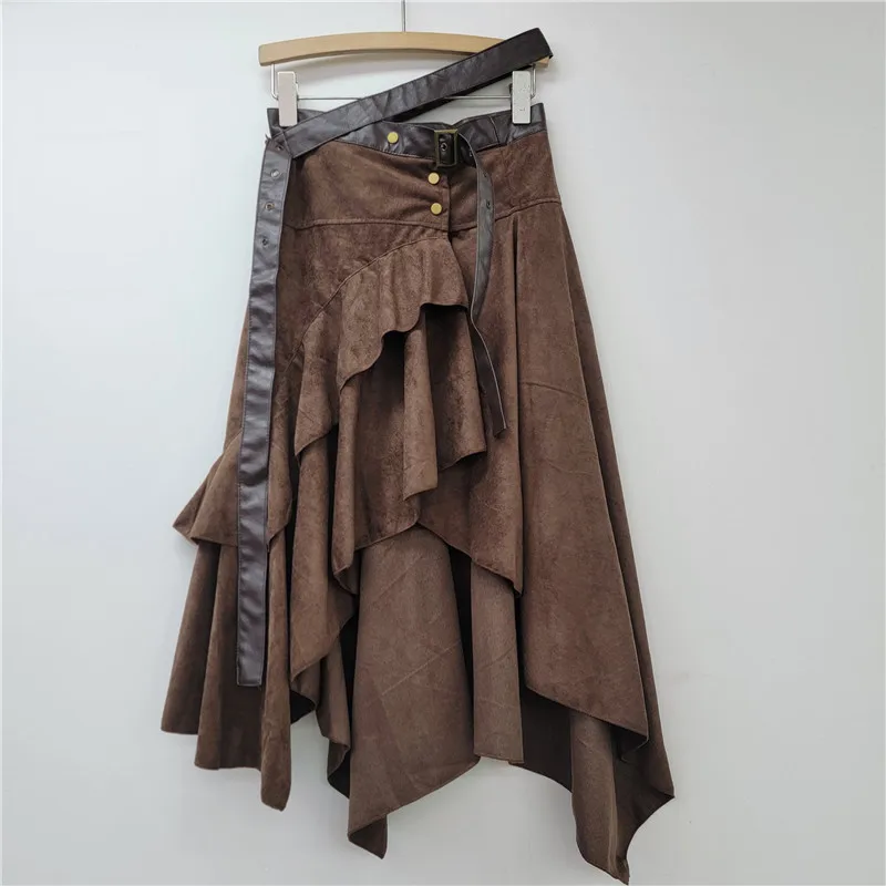 

European and American Personalized Hot Girl Style Irregular Deerskin Velvet Skirt Women's New High Waist A- line Versatile