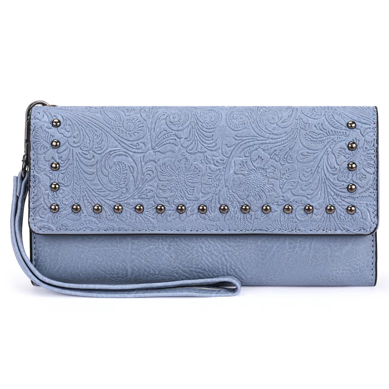 Western Embossed PU Leather Three Floded Rivet Women Wallet Large Capacity Phone Bag Long Purse for Ladies