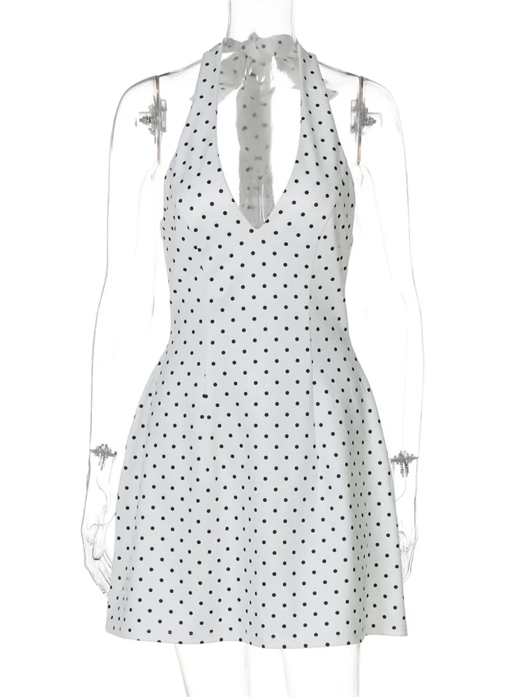 Tossy Zomer Lace-Up V-hals Mini-jurk Vrouwelijke Ruglooze Hoge Taille Contrast Sexy Off-Shoulder Pendeljurk Dames Bodycon Jurk