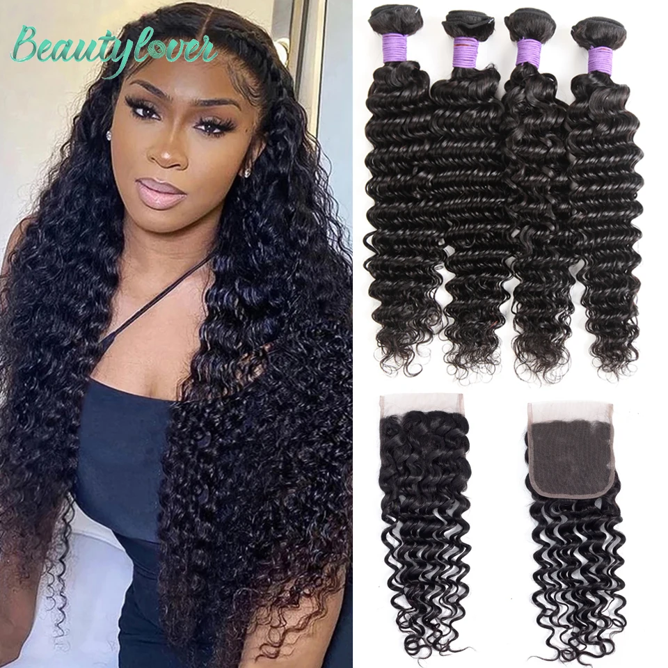 Deep Wave Bundles Human Hair With Closure Deep Curly Hair 3/4 Bundles With Closure 4x4 5x5 Transparent Lace Remy Hair Extensions