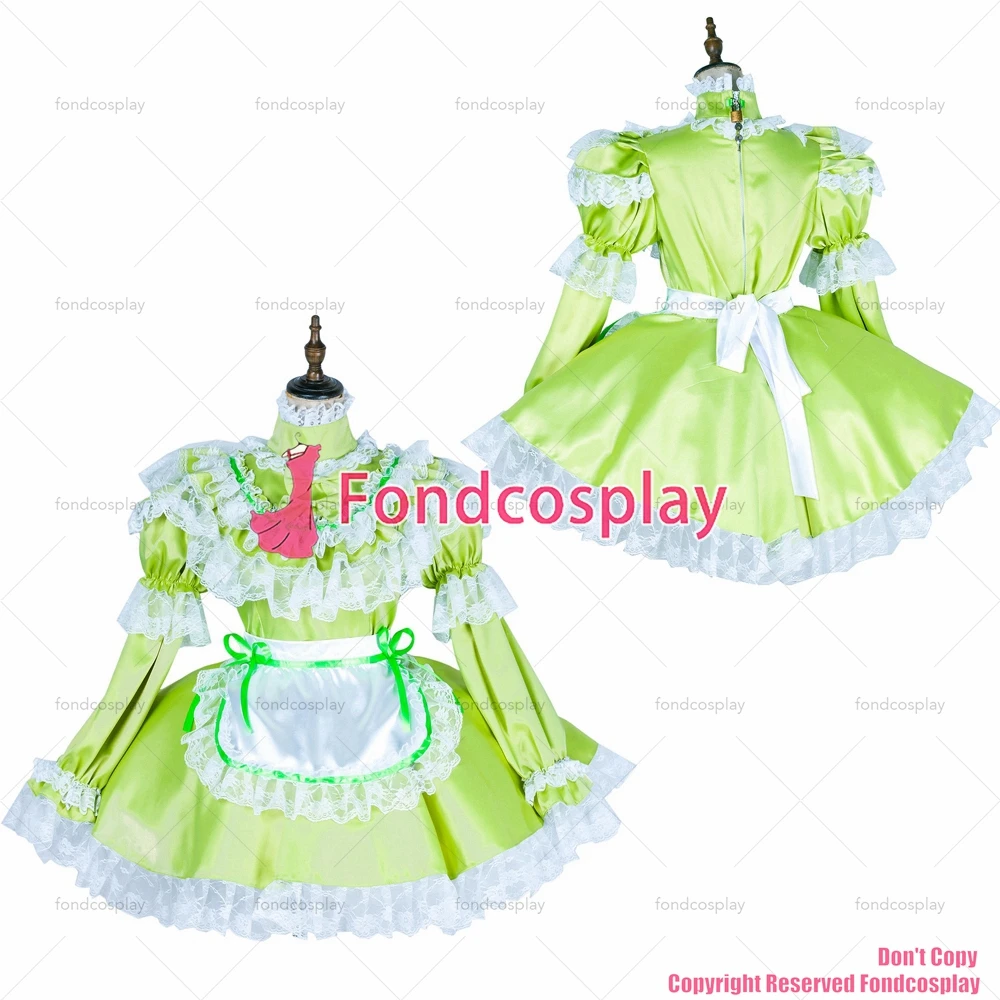 

Сексуальная атласная одежда для взрослых fondcosplay, зеленое Короткое атласное платье с замком, Униформа, белый фартук, CD/TV[G1799]