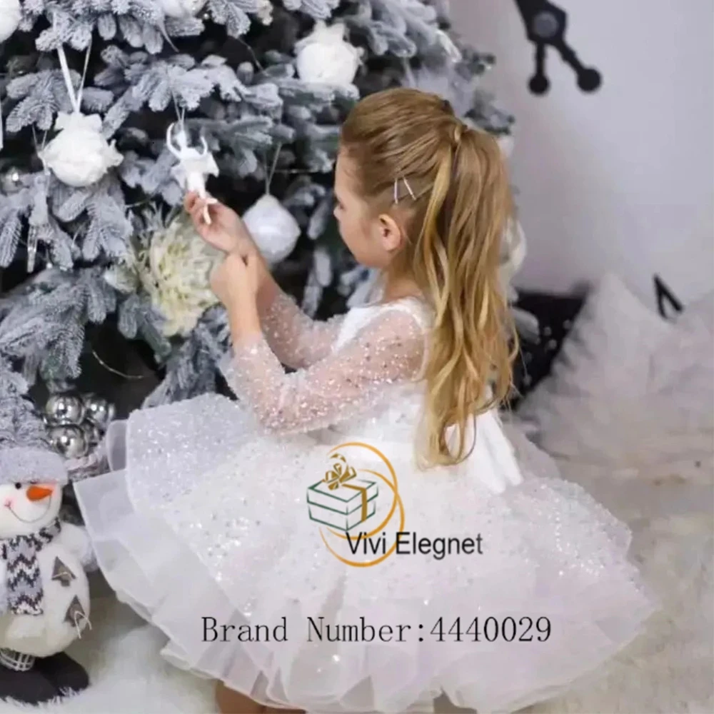 Vestidos blancos de flores para niñas, vestidos escalonados de Navidad para niños, hasta la rodilla, con cremallera, 2024