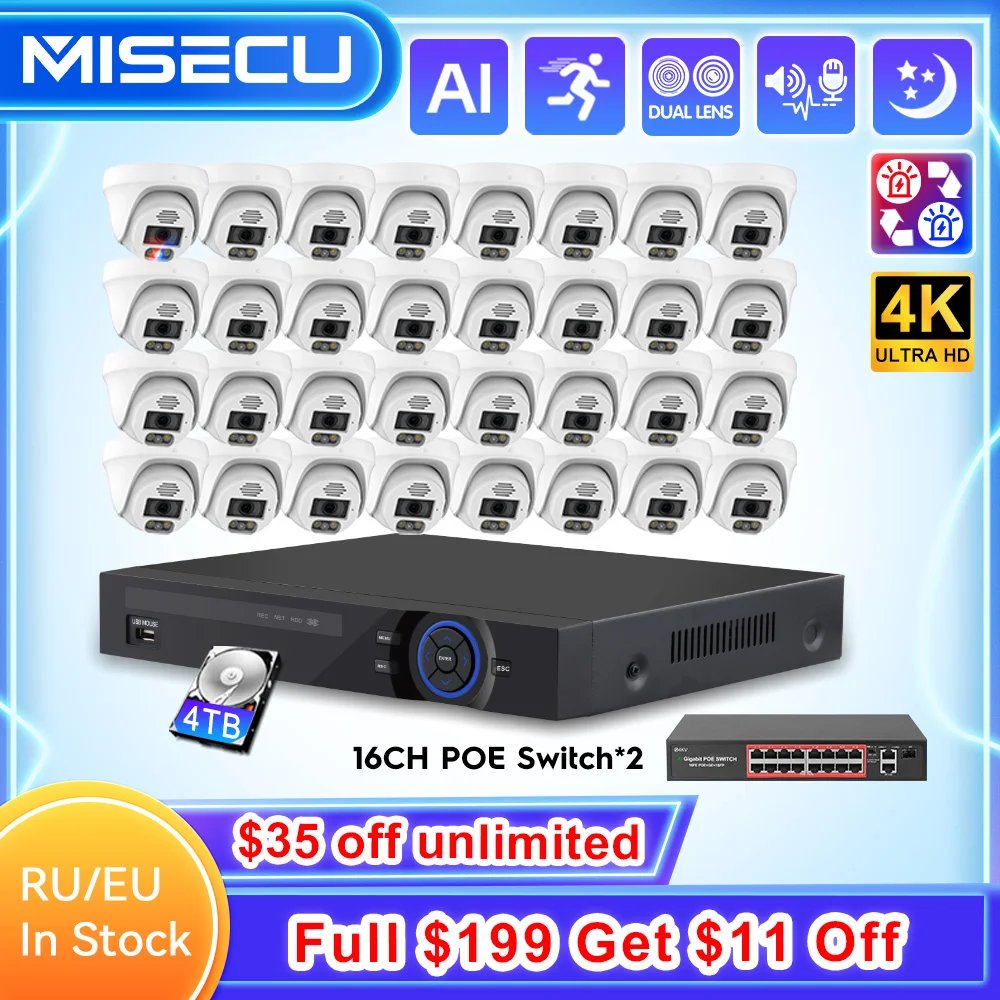 

MISECU 32CH NVR 4K 5MP 8MP POE Security Camera System AI Face Detection Two Way Audio CCTV Video XMEYE Surveillance Set