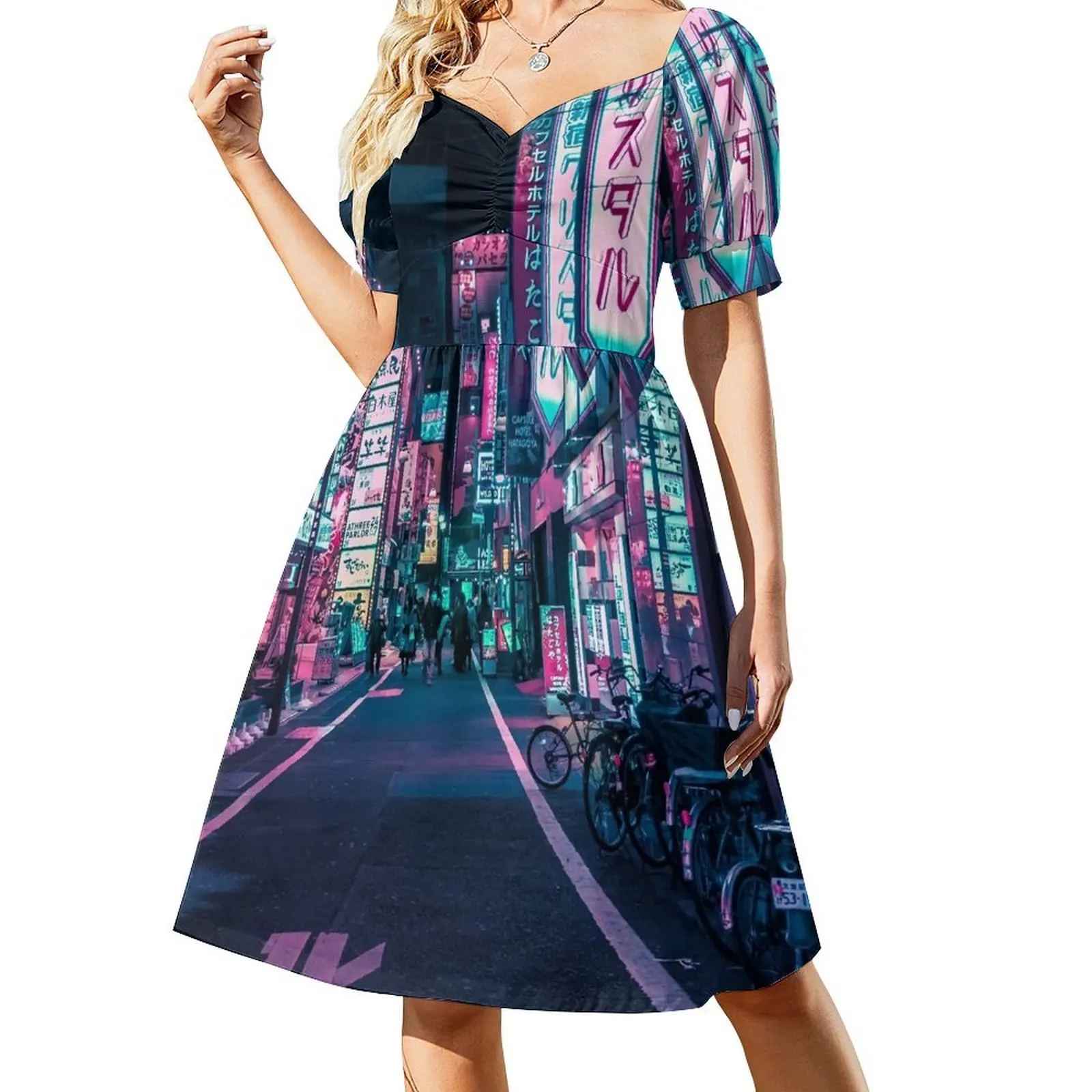 

Tokyo - A Neon Wonderland Short Sleeved Dress Women's evening dress beach outfits for women Dress