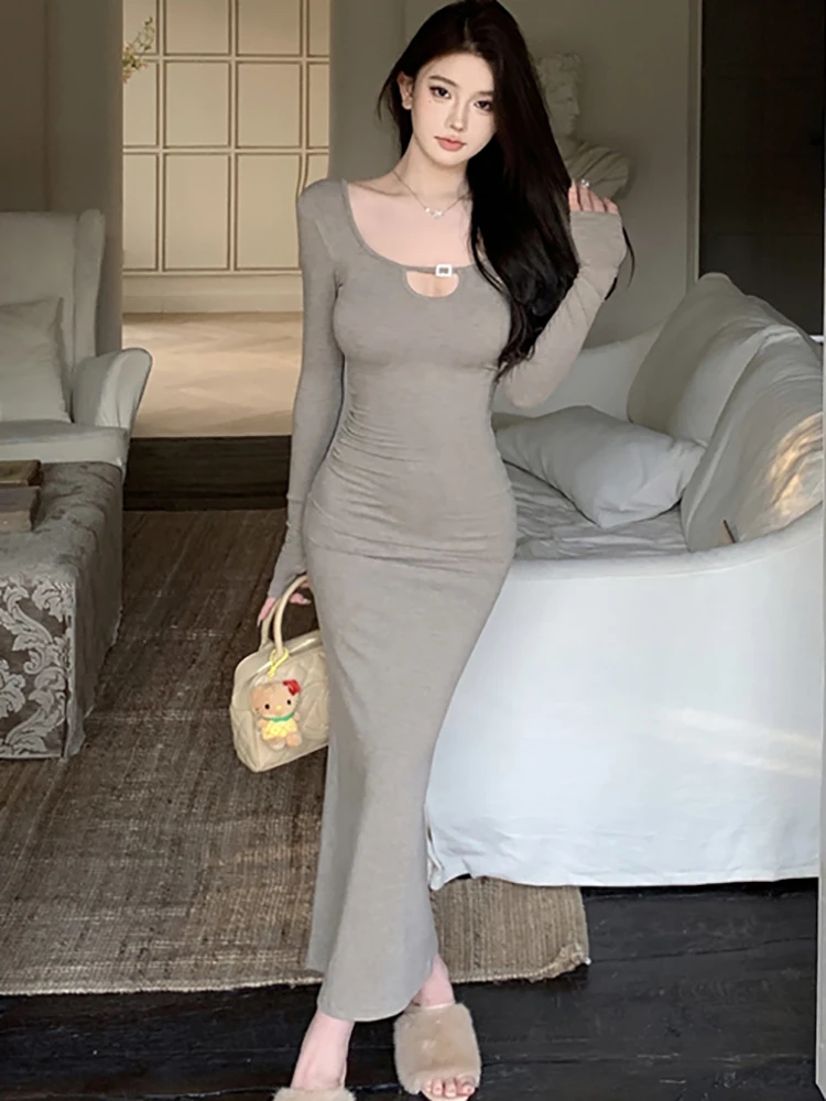 Herfst Winter Zwart Gebreide Holle Vierkante Kraag Sexy Jurk Vrouwen Elegante Luxe Lange Jurk 2025, Koreaanse Bodycon Feestjurk