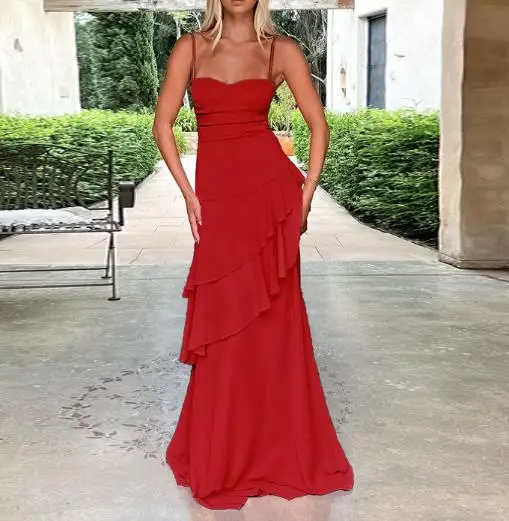 

Women Dress 2026 Summer Sexy Elegant Sexy Low Cut V-Neck Waist Cinched Layered Ruffle Edge Patchwork Sleeveless Suspender Dress