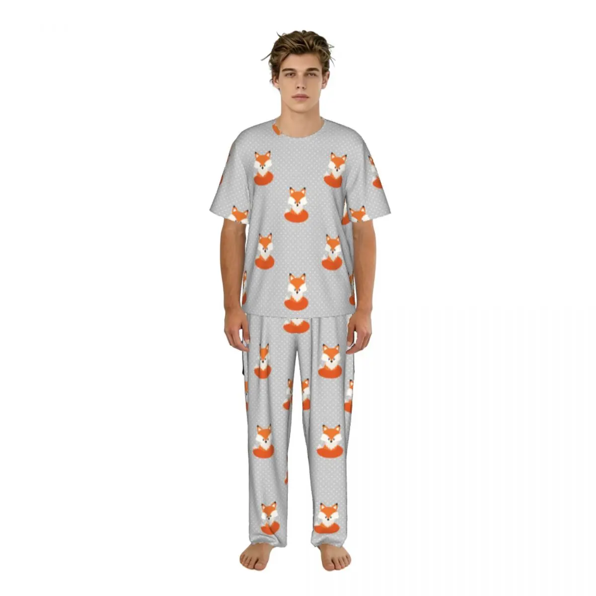

Men's Casual Pajamas Sets Short Sleeve and Pants Sets Male Sleepwear Cartoon Fox Home Clothes