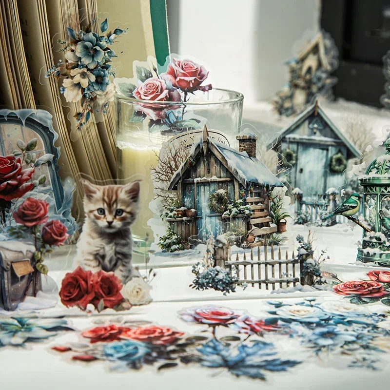 30Pcs Plant Landscaping Delicate Rose Garden PET Sticker Pack Window Seasons Handbook Material Scrapbooking 95*140MM