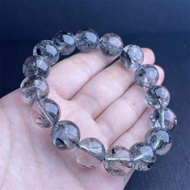 12MM Natural Black Herkimer Diamond Bracelet Fashion Gemstone Crystal Jewelry Bangle For Women Holiday Gift 1PCS