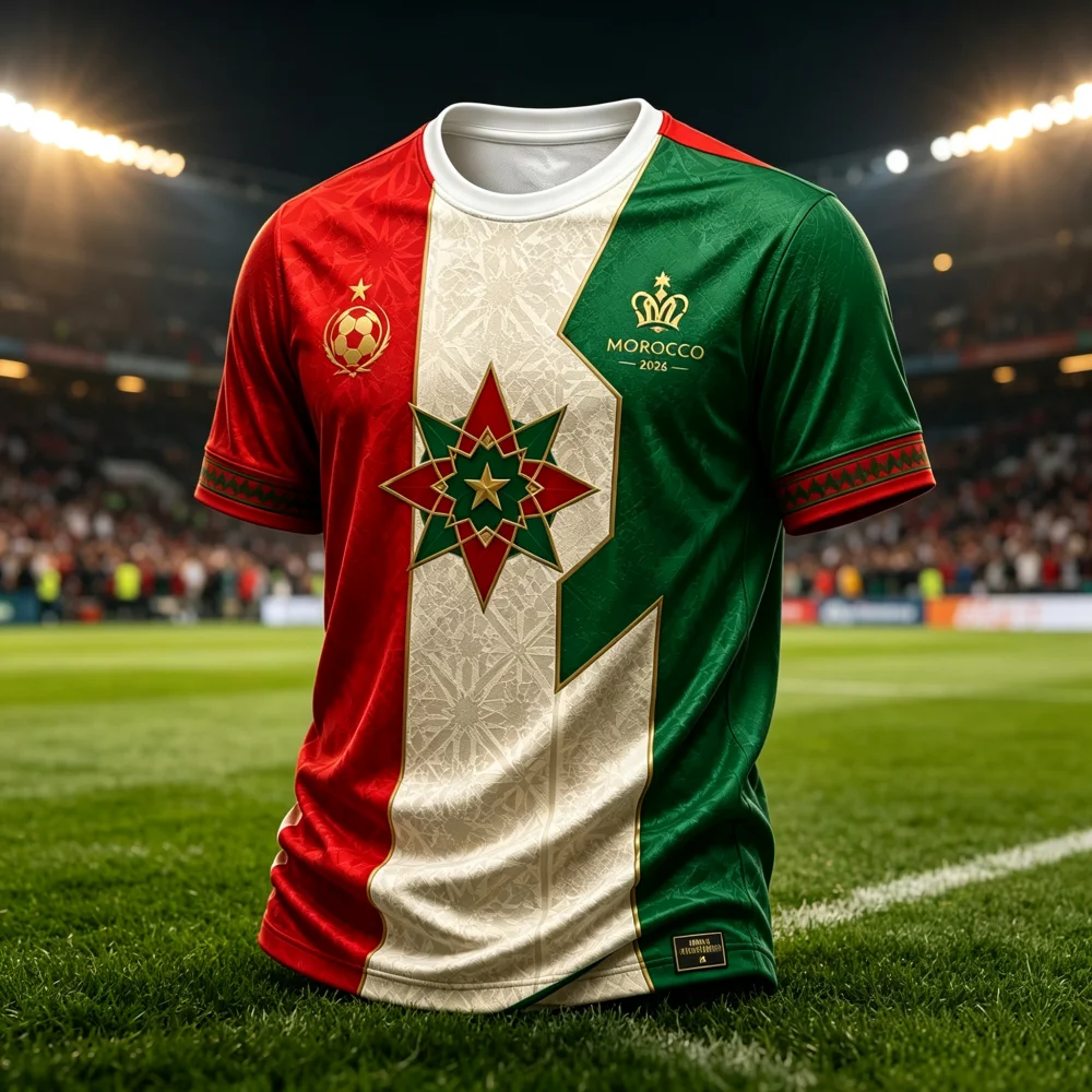 Herren Marokko 3D-gedrucktes Trikot mit nationalem Emblem, schnelltrocknend, Ethno-Muster, Kurzarm-Fußballtrikot, Fan-Trainings-Familien-Kinder-T-Shirt