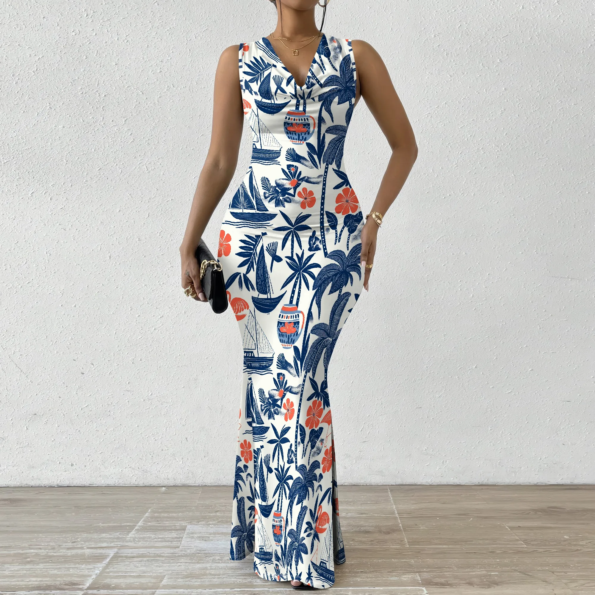 

Plus Size Hawaiian Print Maxi Dress XS-2XL Tropical V-Neck Sleeveless Bodycon Dress for Cruise, Beach Party or Luau Night