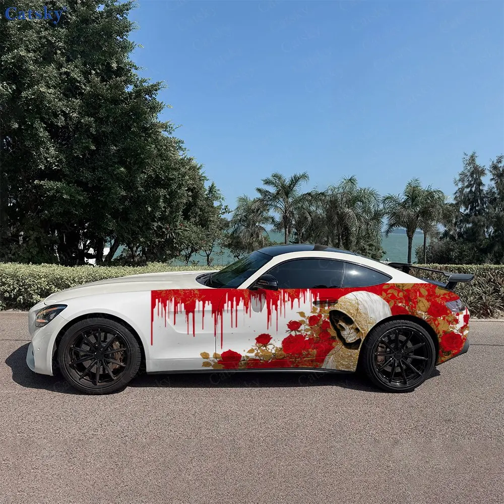 2pcs Rose Bush Gold Robe Hidden Bone Car Side Wrap, Self-Adhesive PVC Waterproof & Scratch-Resistant Sticker, Car Accessory Gift