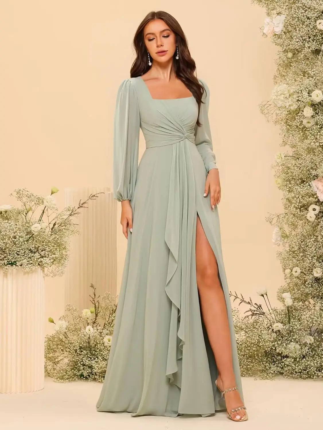 فساتين وصيفة العروس بأكمام طويلة للنساء من A Line مع شق 2025 مطوي من الشيفون للحفلات المسائية الرسمية DE521 فساتين سهرة