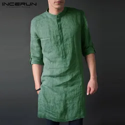 INCERUN Men's Long Sleeve Midi Men T-shirts New Fashion Muslim Clothing Solid Color Indian Kurta Teenager Kaftan 2024 Shirt 5XL