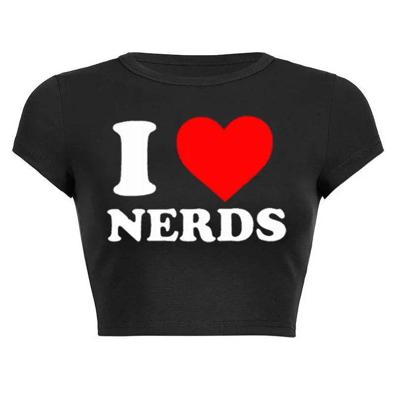 I Love Nerds Red Love Heart Women Cropped Tops Harajuku Letters Printed Women's Summer Cropped Navel Women Crop Fashion T-Shirt