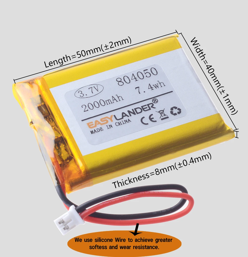 Silicone Wires 804050 CE+Rohs 3.7V 2000mAh Li-Polymer Li-ion Battery Lipo Batteries  JST 2.0 2P