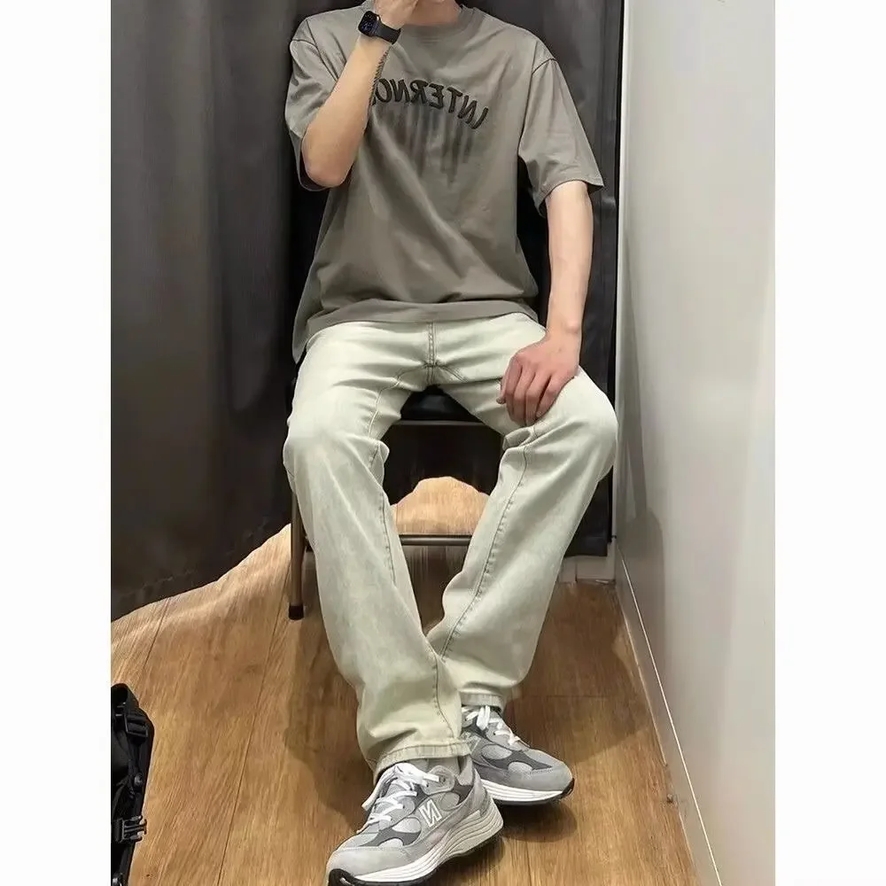 

Pop Four Seasons Men's American Vintage Yellow Mud Color Hiphop Jeans Pants Casual Trendy Loose Wide Leg Denim Flare Trousers Ma