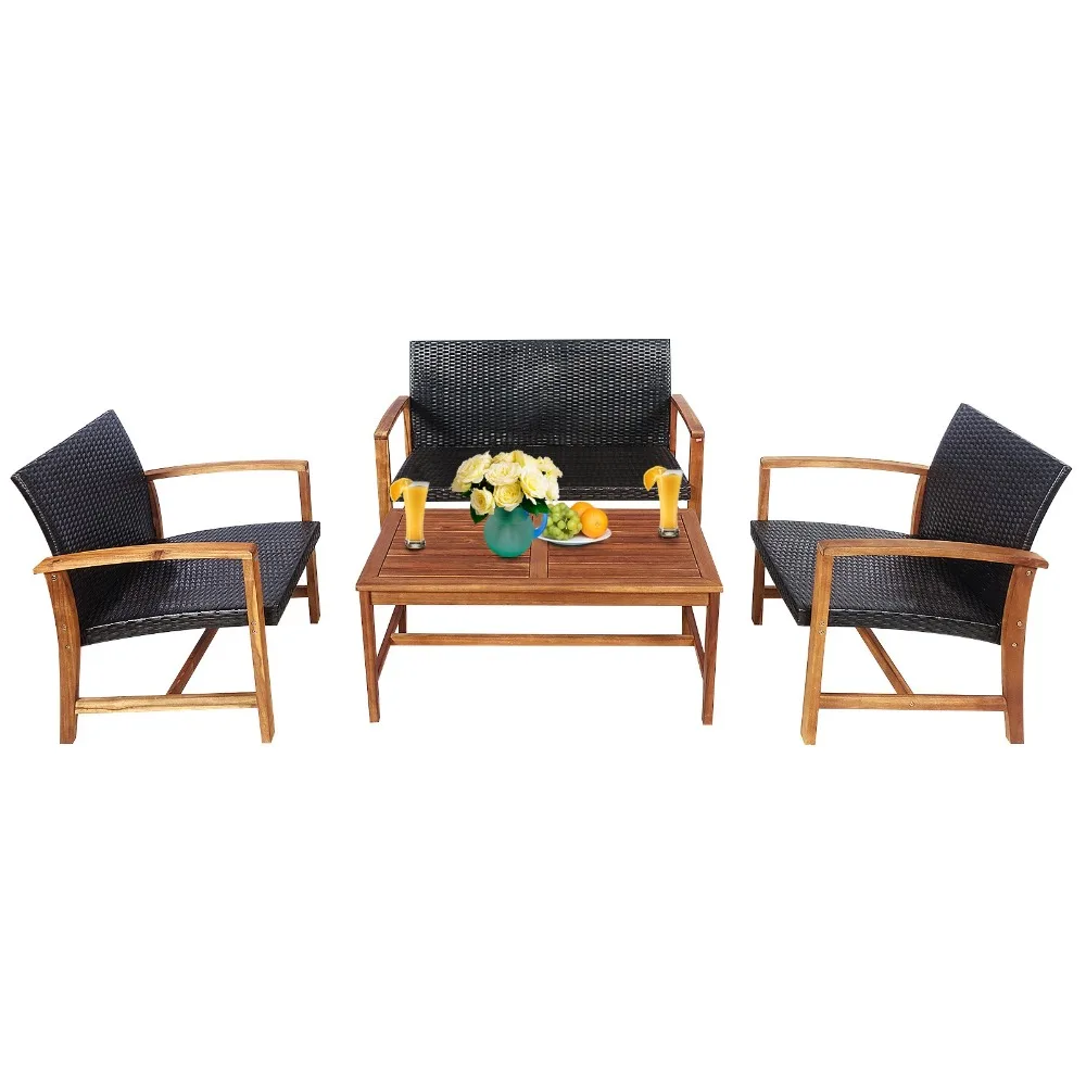 4PCS Outdoor Patio Rattan Furniture Set Acacia Wood Frame Sofa Loveseat Garden