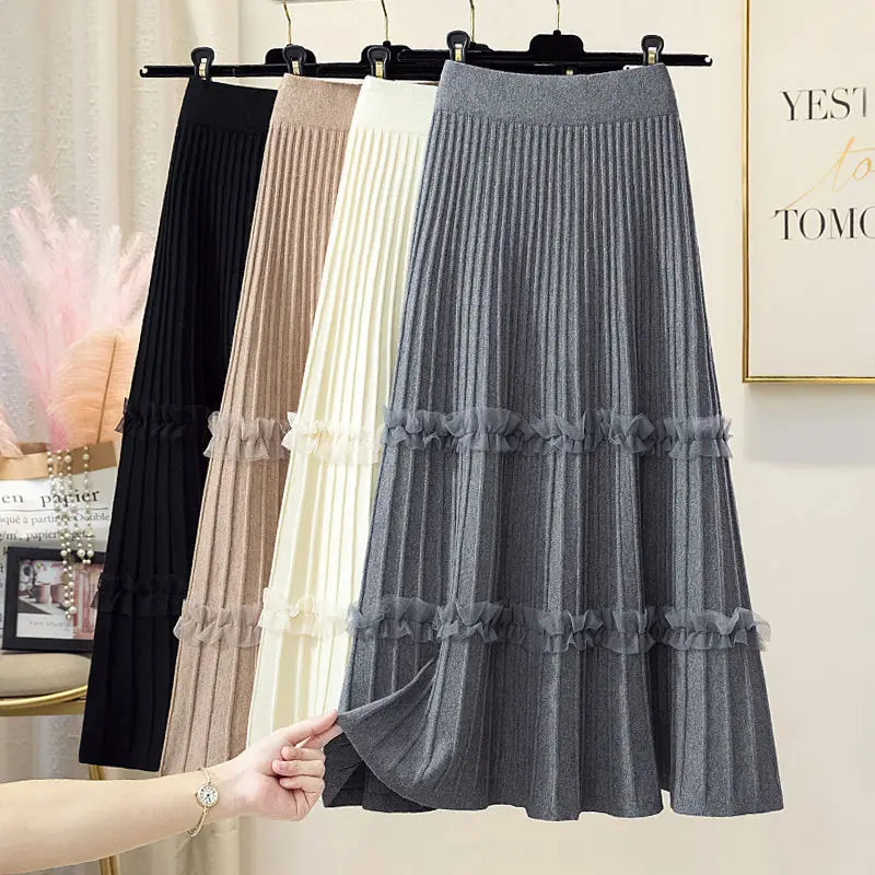 Pleated skirt women autumn and winter high waist umbrella solid skirt mid-length knitted skirt stitching a-line skirt long skirt