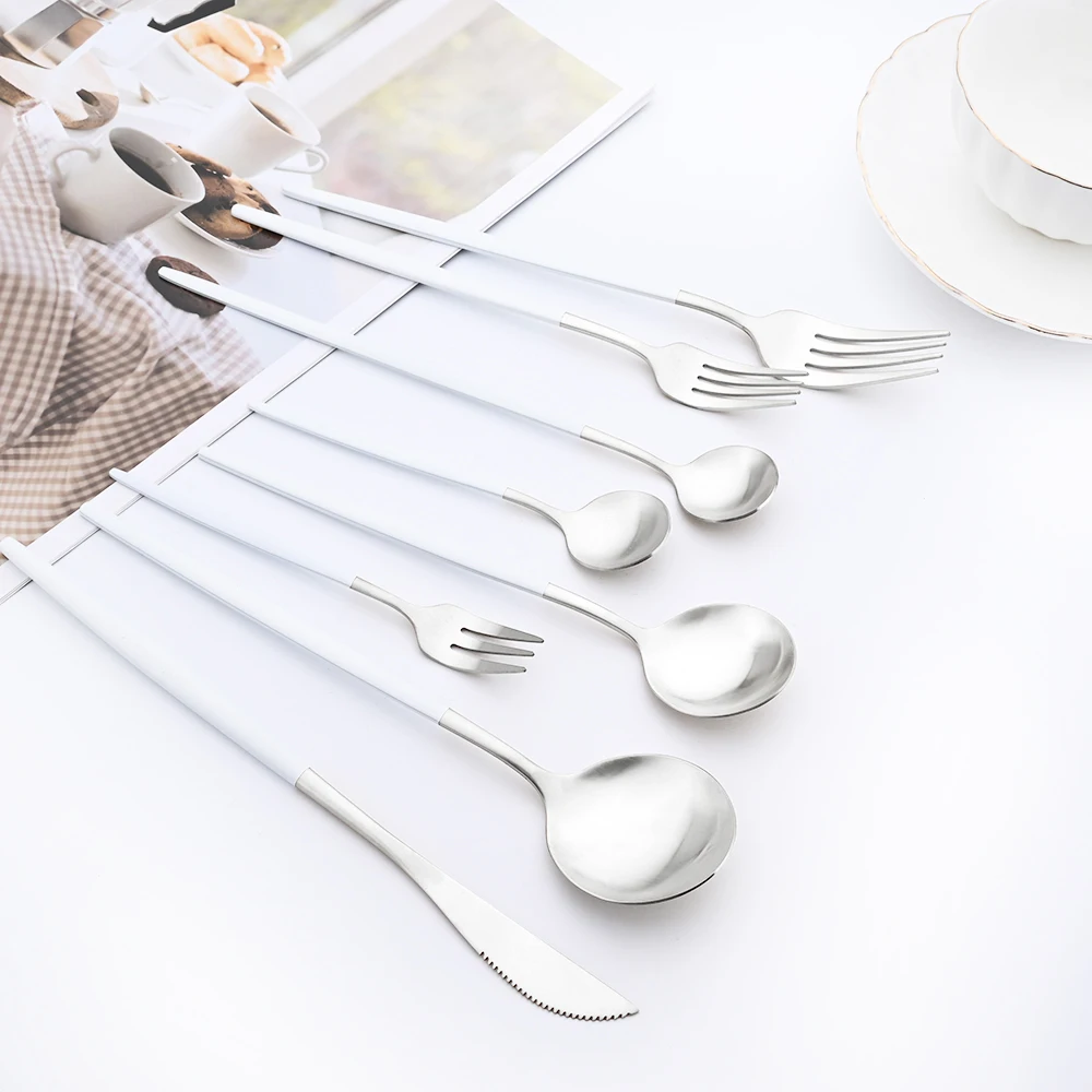 Drmfiy White Silver Dinnerware Set Western Matte Cutlery Stainless Steel Kitchen Tableware Fork Spoons Silverware Flatware Set