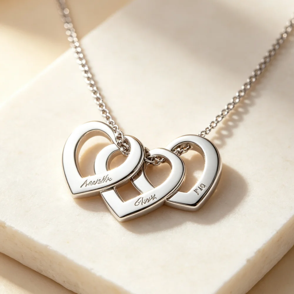 Personalized Triple Interlocking Heart Necklace  Custom Engraved Name Pendant Love Jewelry Sweet Gift for Lover and Anniversary