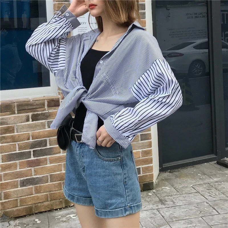 

Loose Shirt And Blouse Korean Version Bat Sleeves Striped Top Long Sleeve Casual Streetwear Youthful Women New In Clothes Summer