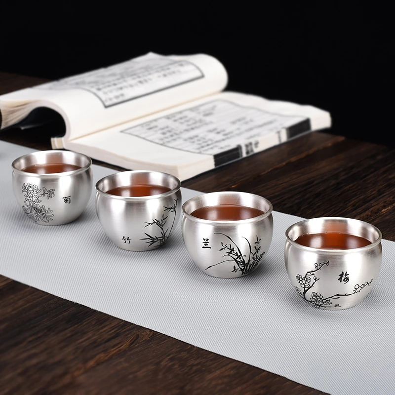 

Double-layer sample tea cup set tea silver cup master cup plum orchid bamboo chrysanthemum 999 sterling silver kung fu tea cup