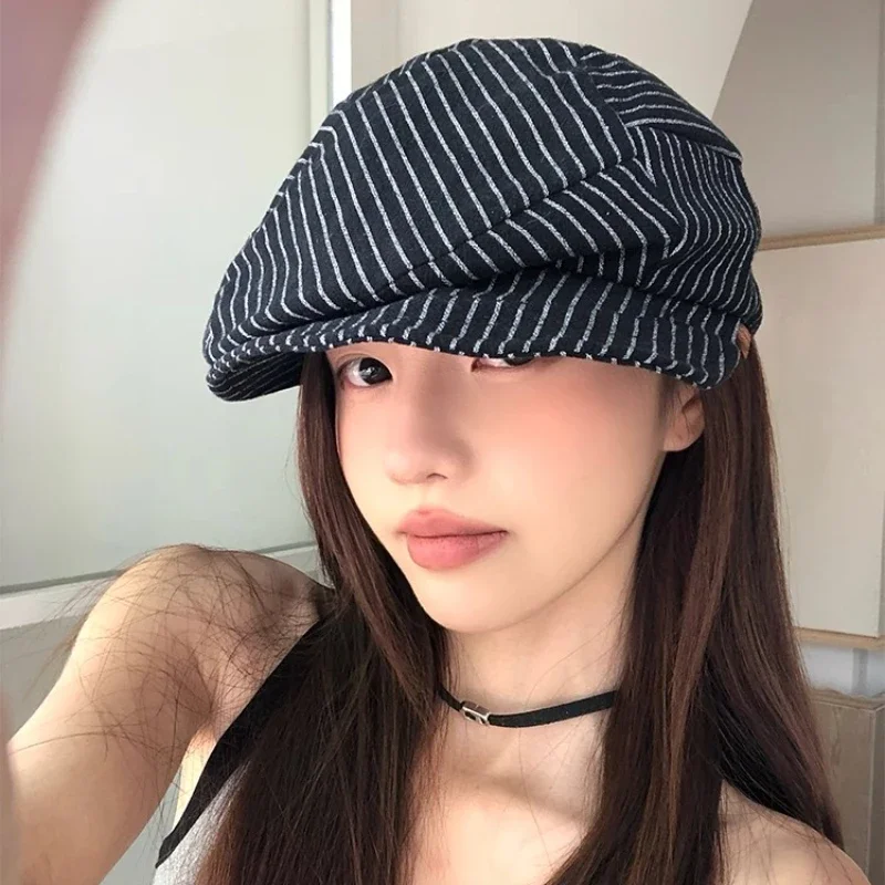 Japanese Classic Color Matching Striped Newsboy Hats Women Summer Breathable Versatile Show Face Small Retro Literary Berets