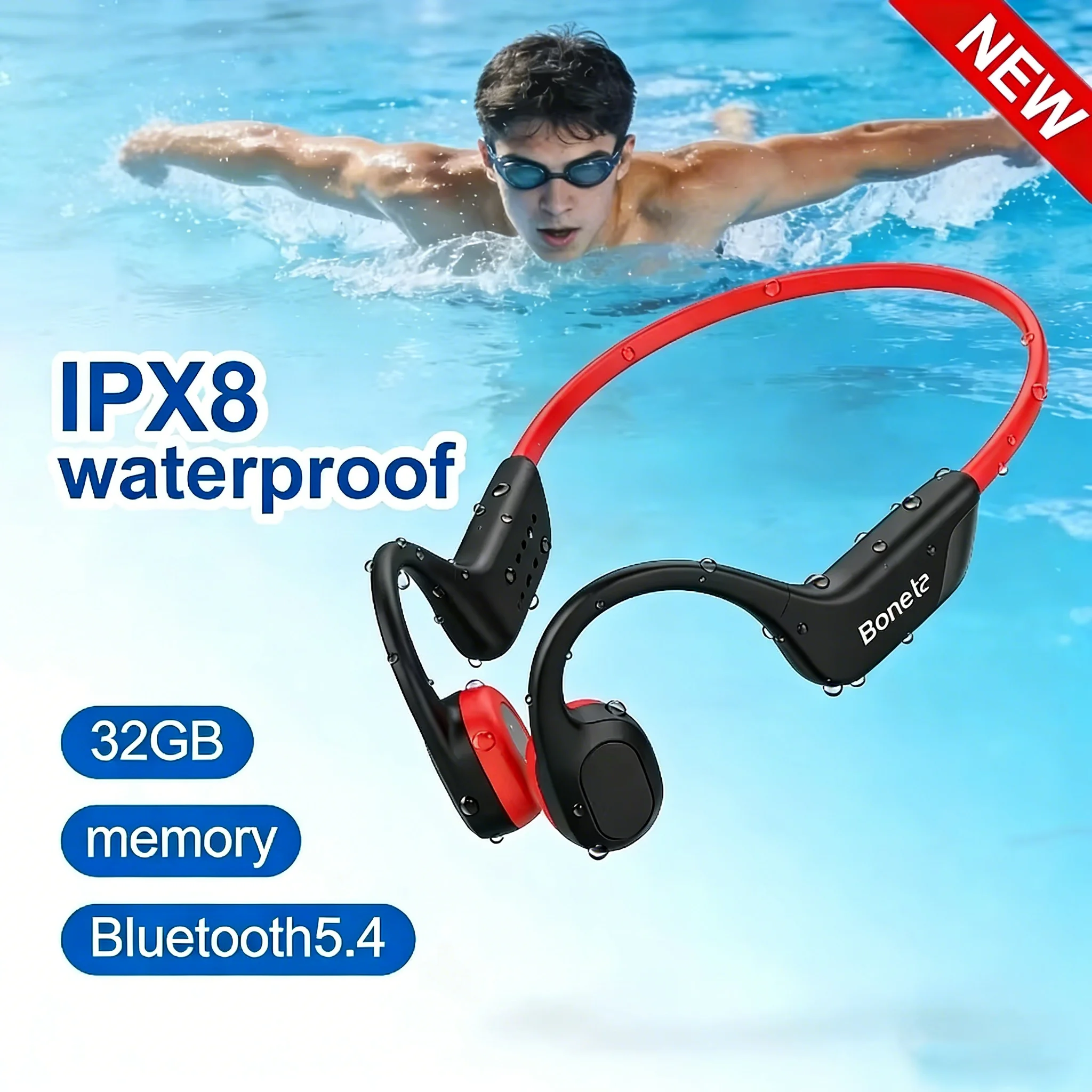 Auriculares de Conducción Ósea Inalámbricos para Natación, Deportes, IPX8, Blue…