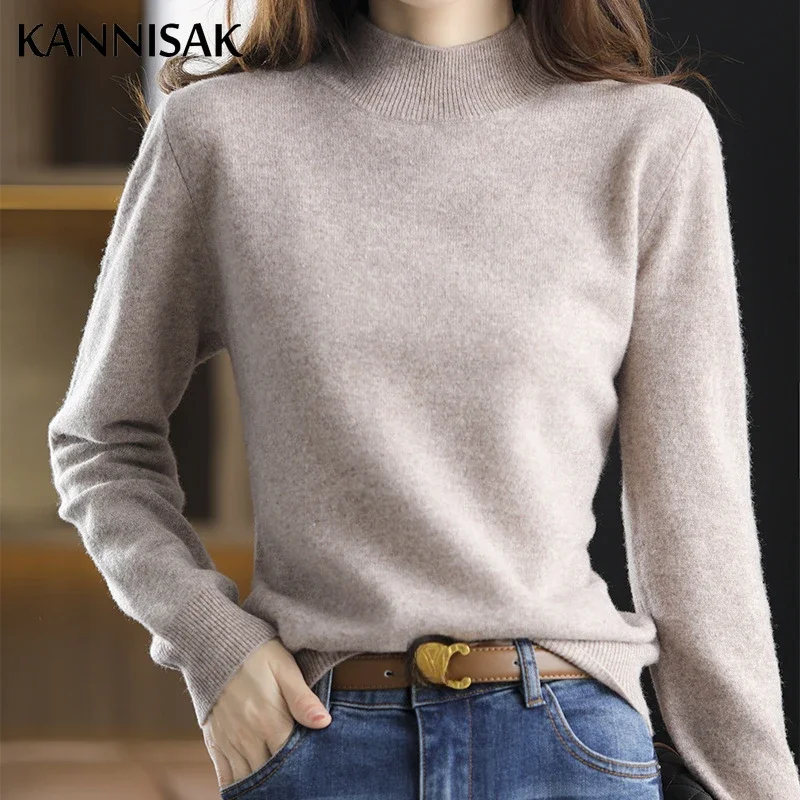 Casual Women Sweater Autumn Winter Warm Slim Fit Bottoming Shirt Mock Neck Green Camel Loose Korean Knitwear Pullover Jumpers