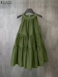 ZANZEA Summer Halter Sleeveless Tiered Dress Women Korean Ruffle Patchwork Robe Beach O-neck Loose Sundress Sweety Party Vestido