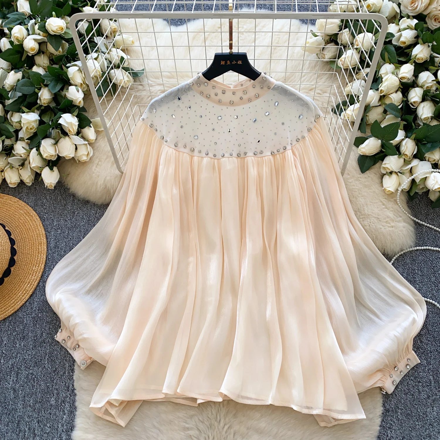 

Chic Elegant long sleeve rhinestone Spliced blouse Vintage Fairy Autumn korean fashion Women Clothing