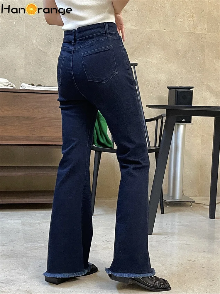 HanOrange 2024 Spring Vintage High Waist Micro-flare Jeans Women Micro-elastic Denim Pants Comfortable Slim Casual Trousers