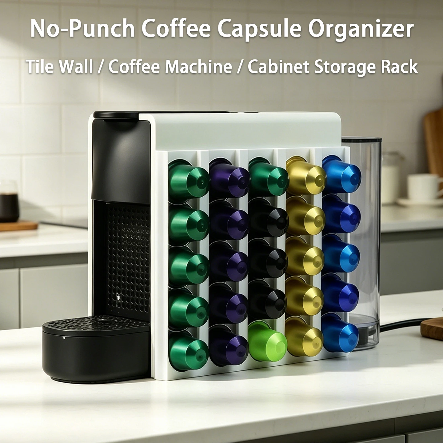 25-Capsule No-Drill Self-Adhesive Coffee Pod Storage Rack, Wall-Mounted Mini Capsule Organizer for Multi-Scenario Storage
