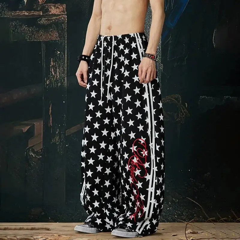 LUZHEN 2026 New Pentagram Pattern Stripe Printed Loose Casual Pants Men Fashion Handsome Elastic Waist Wide Leg Trousers JY6630