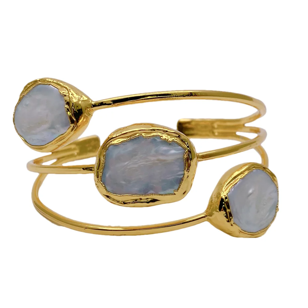 

Natural Freshwater Cultured White Keshi Pearl Gold Plated Bangles for Women Metal Bracelet Jewelry Accessory