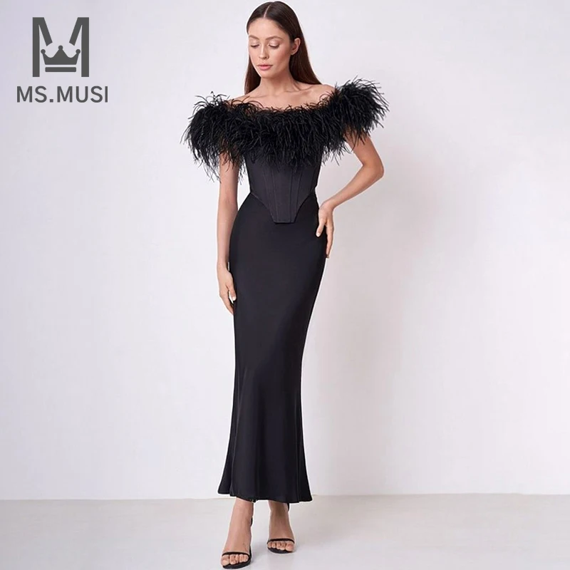 

MSMUSI 2024 New Fashion Women Sexy Bandage Two Piece Set Bodycon Party Off The Shoulder Feather Corset Top Long Skirt Set Suit