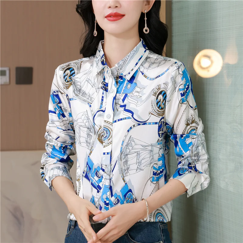 

Винтажные женские блузки с принтом, повседневные рубашки, модная свободная летняя французская одежда, атласные женские топы с длинными рукавами