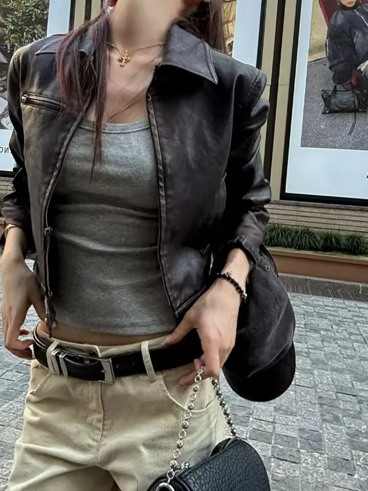 American Short Leather Jacket Women's Cool Cruel Wind Slimming Long Sleeves Zipper Motorcycle PU Jacket Top