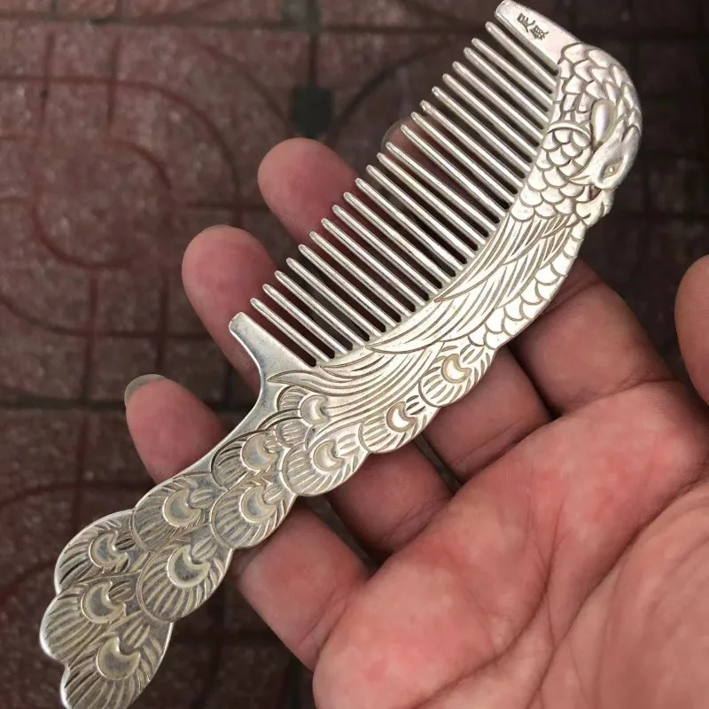 Antique Miscellaneous Vintage Old White Copper Silver Plated Comb Phoenix Flying Comb Crafts