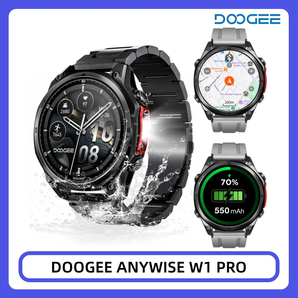 Montre connectée DOOGEE Anywise W1 Pro avec GPS double fréquence et cartes hors ligne, compatible avec Android et iOS, étanche 5ATM, écran AMOLED 1,43'', 170+ modes sportifs, autonomie de 12 jours, 3 bracelets.