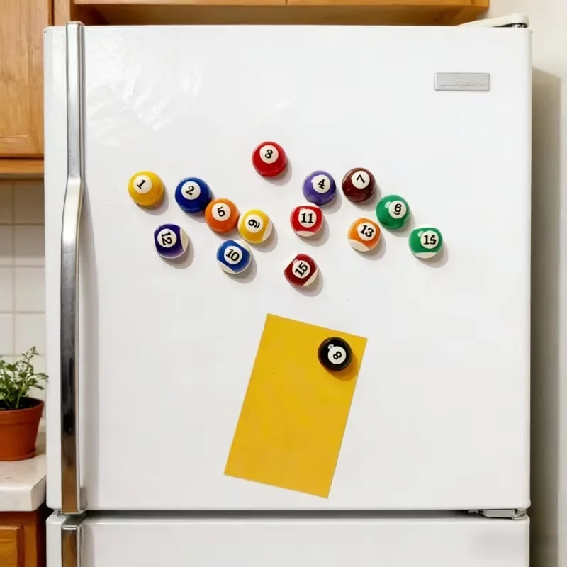 15 kinds of magnetic billiard ball-shaped refrigerator magnets, made of resin material, with circular design.